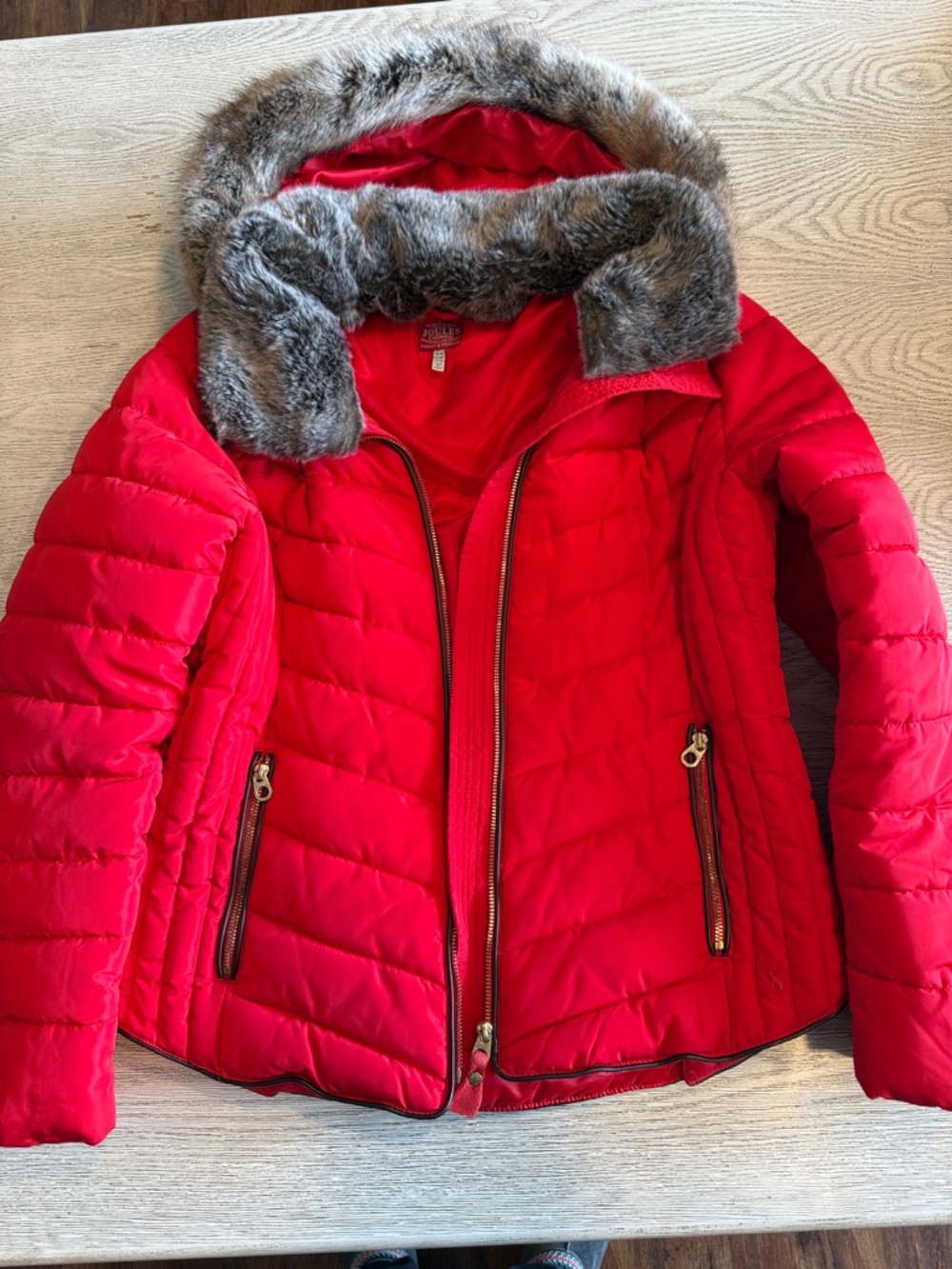Joules Quilted Puffer Jacket with Faux Fur Trim